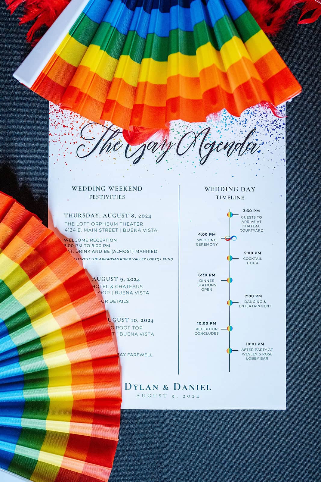 Wedding agenda for Dylan and Daniel's celebration with rainbow decorations.
