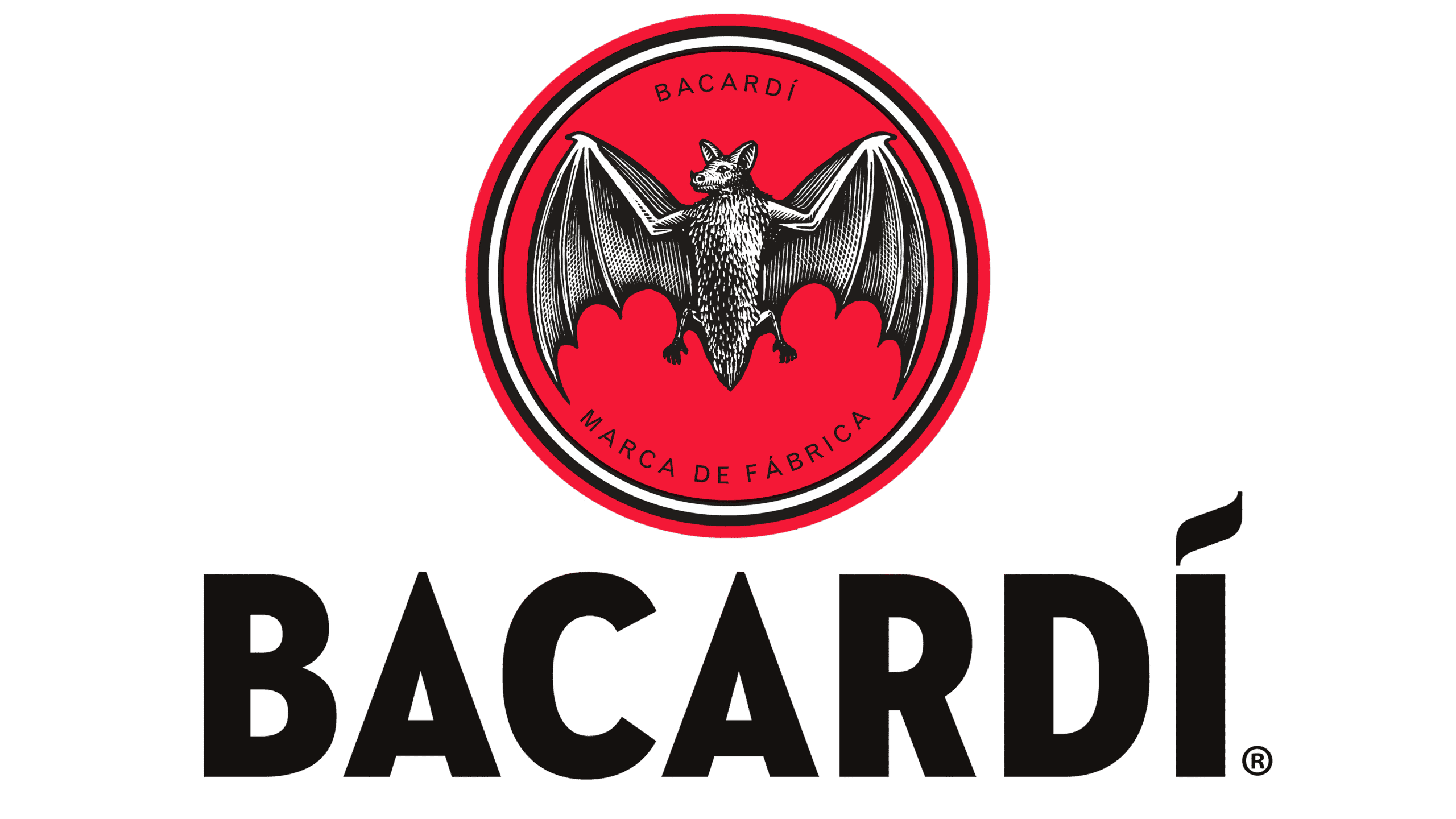 Bacardi logo featuring a bat with outstretched wings on a red background.